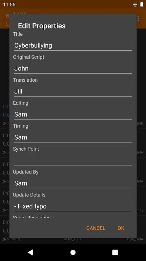 Screenshot of the Buftaku Subtitle Editor app
