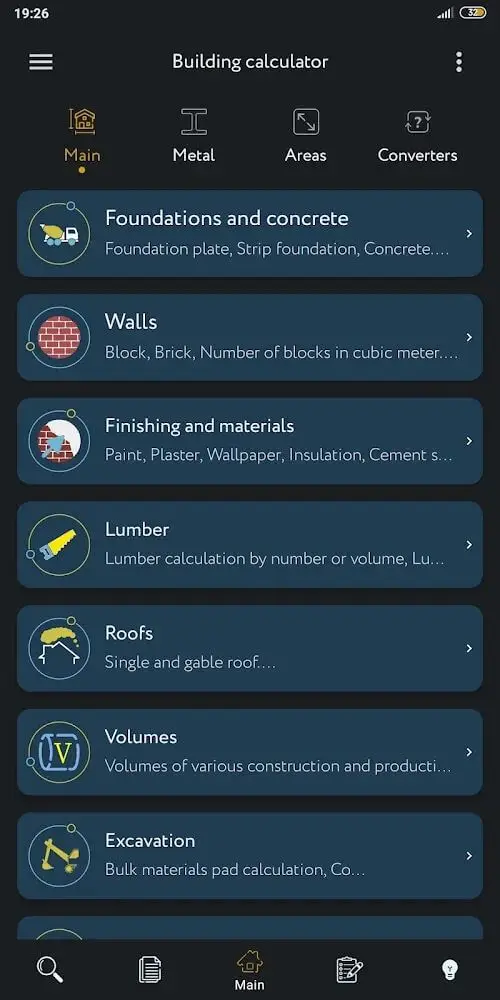 Screenshot of the Construction Calculator app