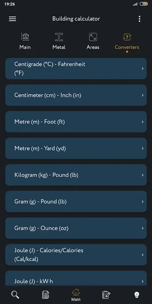Screenshot of the Construction Calculator app