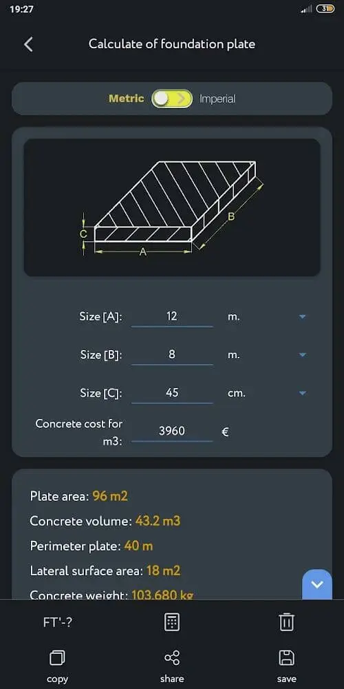 Screenshot of the Construction Calculator app