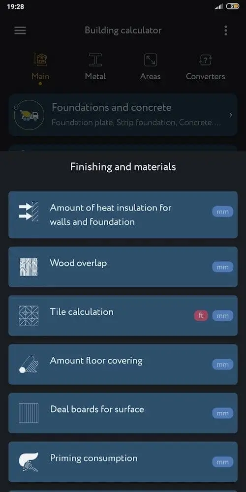 Screenshot of the Construction Calculator app