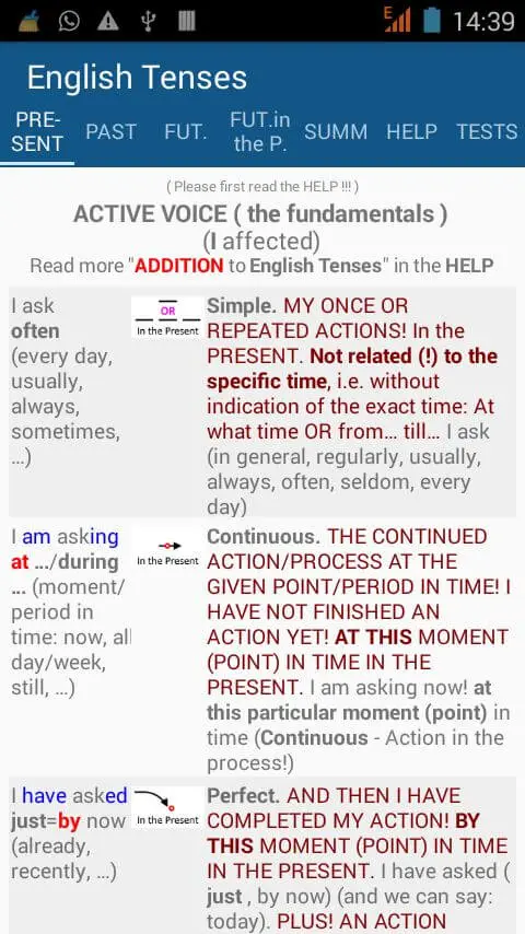 Screenshot of the English Tenses app