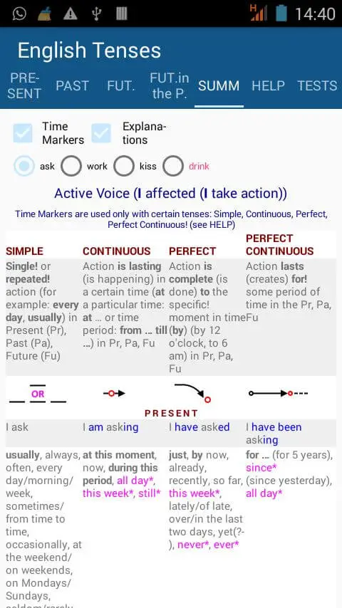 Screenshot of the English Tenses app