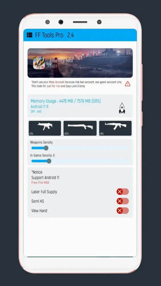 Screenshot of the FF Tools app