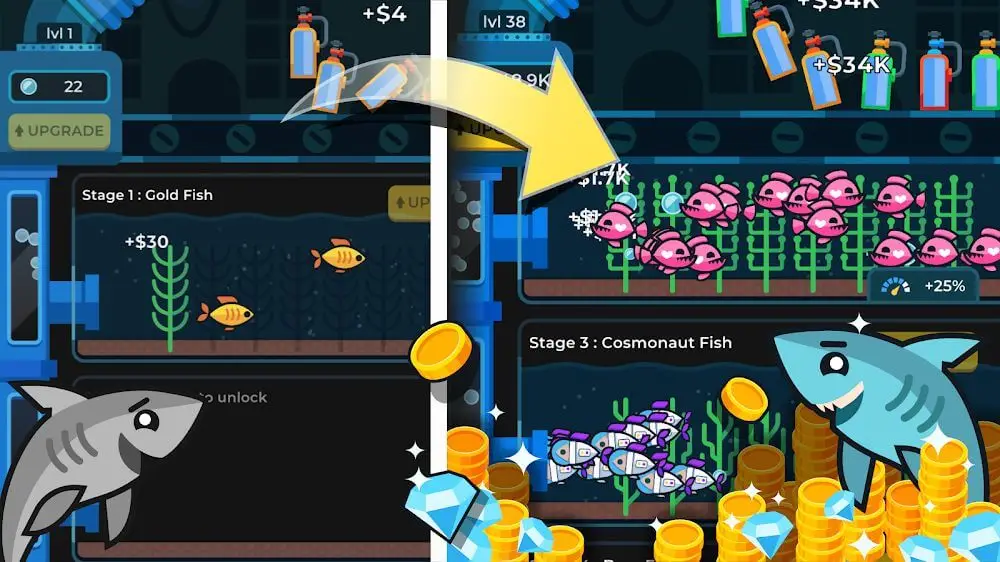 Screenshot of the Idle Fish Aquarium game