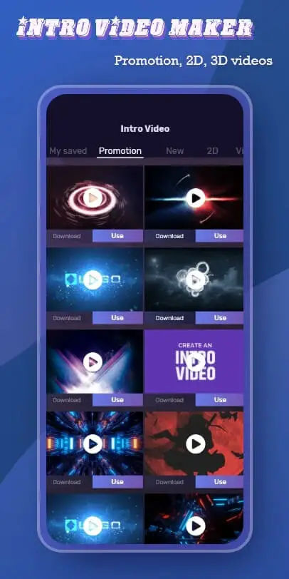 Screenshot of the Intro video maker app