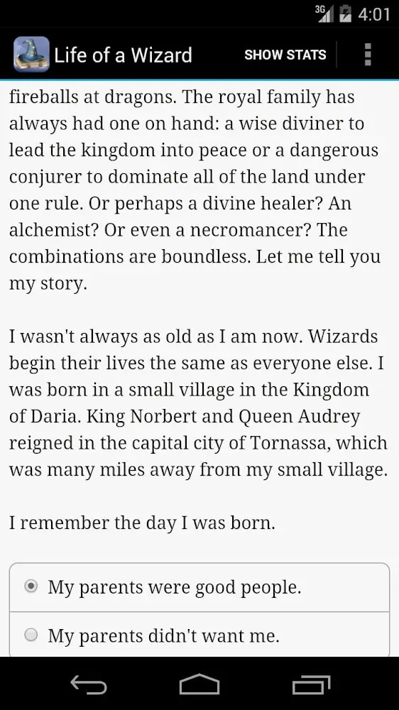 Screenshot of the Life of a Wizard app