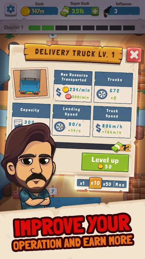Screenshot of the Narcos Idle Cartel app