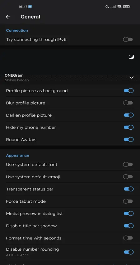 Screenshot of the ONEGram app