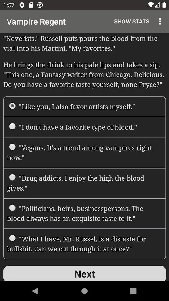 Screenshot of the The Vampire Regent app
