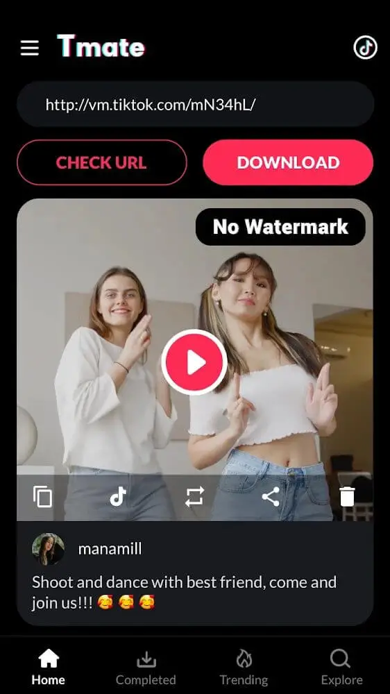 Screenshot of the Tmate - TikTok Downloader app