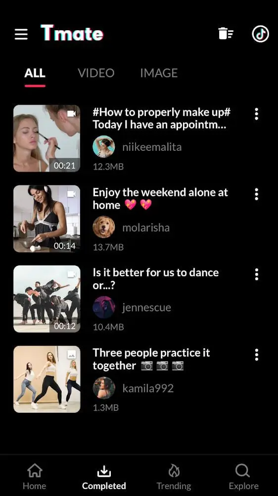 Screenshot of the Tmate - TikTok Downloader app