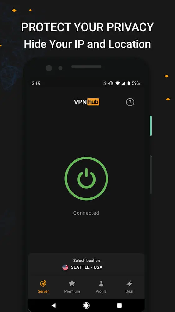 Screenshot of the VPNhub app