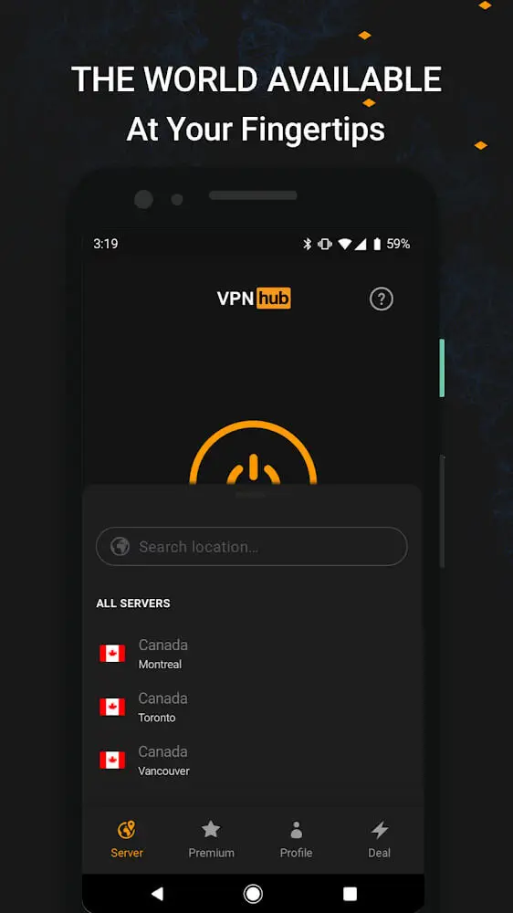 Screenshot of the VPNhub app