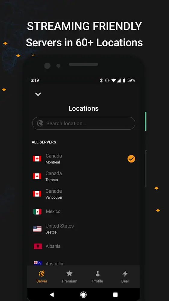Screenshot of the VPNhub app