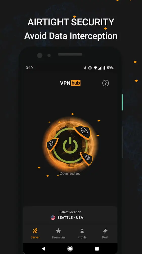 Screenshot of the VPNhub app