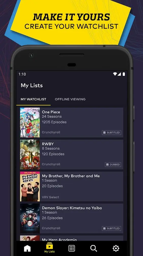 Screenshot of the VRV app