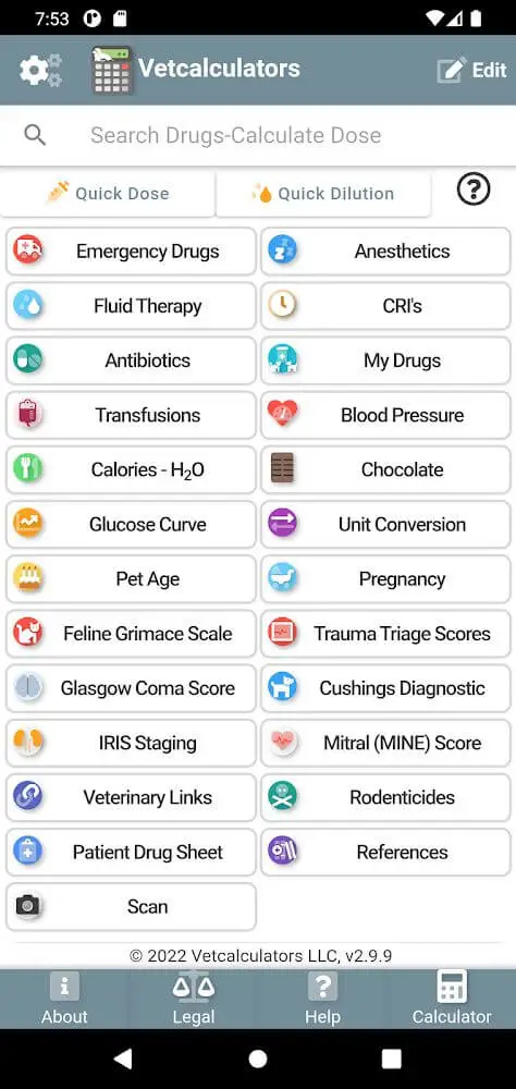 Screenshot of the Vetcalculators app