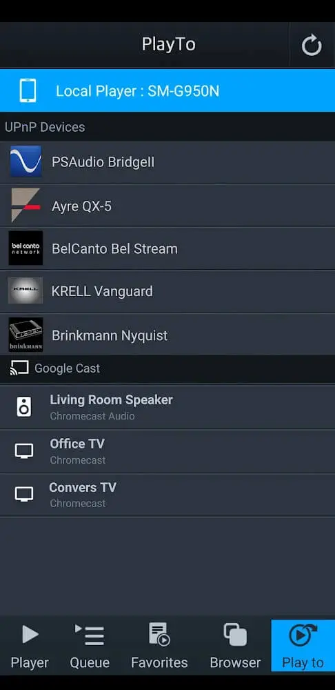 Screenshot of the mconnect Player app
