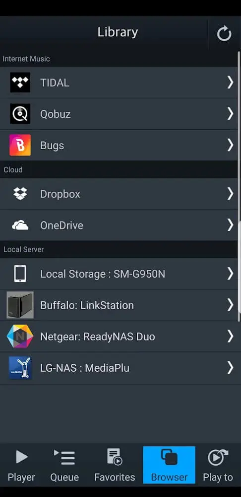 Screenshot of the mconnect Player app